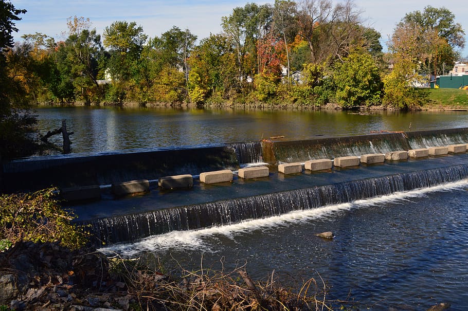 dam, water, fall, tree, plant, beauty in nature, scenics - nature HD wallpaper