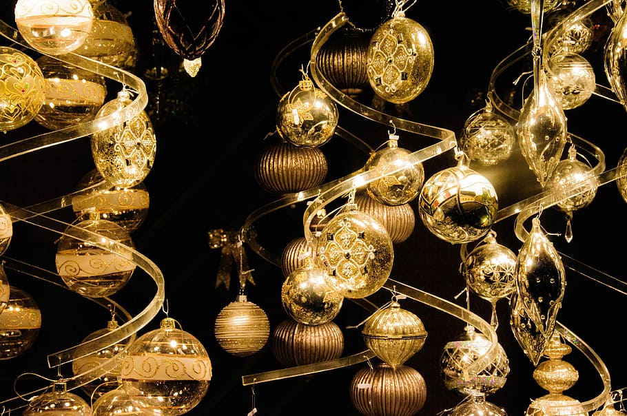 gold ornaments, christmas, balls, sparkle, weihnachtsbaumschmuck, HD wallpaper