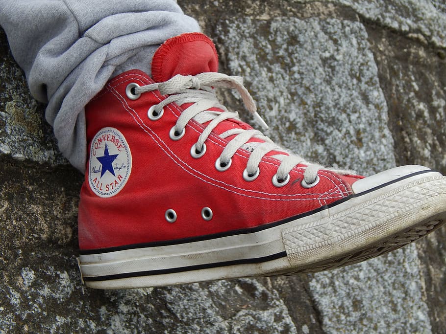 shoe, red, boy, foot, low section, one person, shoelace, body part HD wallpaper