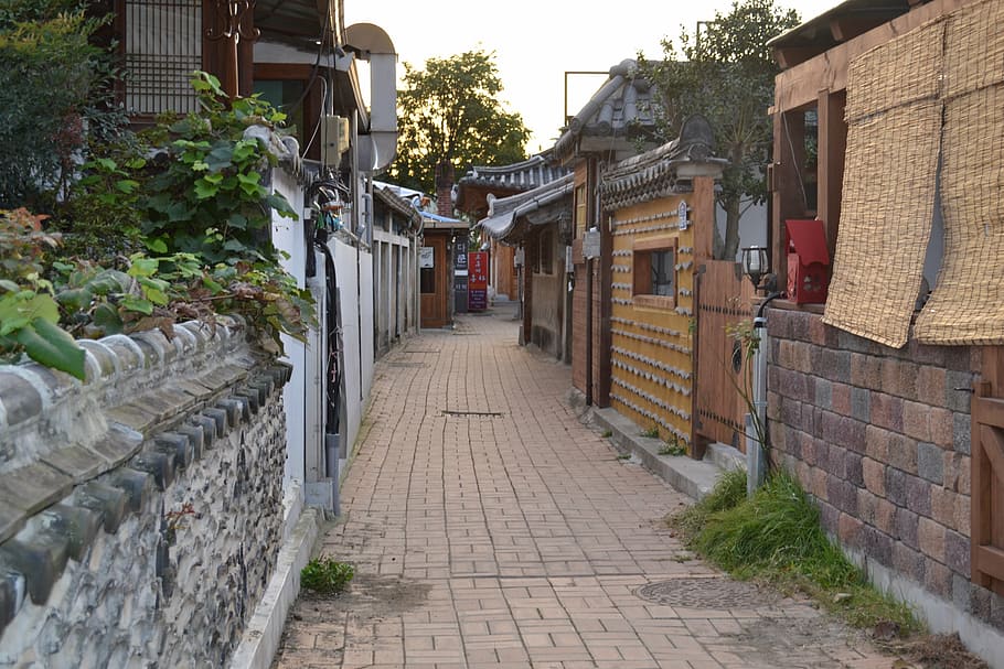 brown bricks pathway during daytime, jeonju, hanok village, side streets