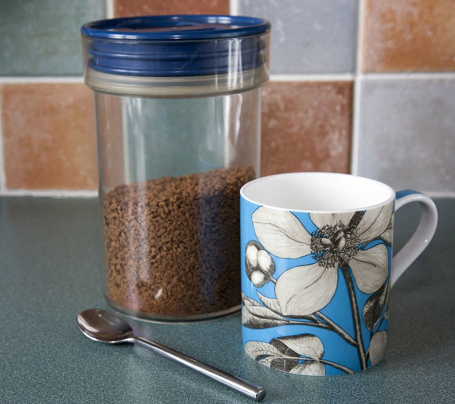 coffee, mug, cup, pretty, blue, jar, storage jar, teaspoon HD wallpaper