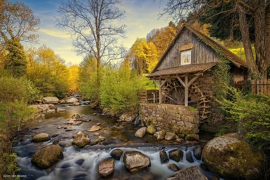 wooden house and river wallpaper, nature, waters, tree, built structure HD wallpaper