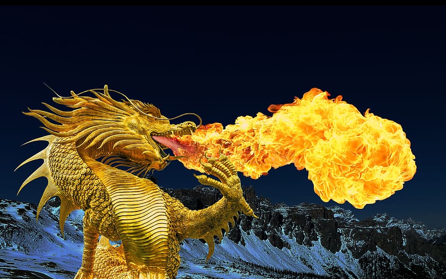 fire breathing dragon, Dragon, Fire, Golden Dragon, broncefigur, HD wallpaper