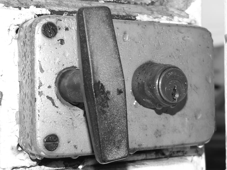 lock, key, black and white, door, water, entry, metal, drop, HD wallpaper