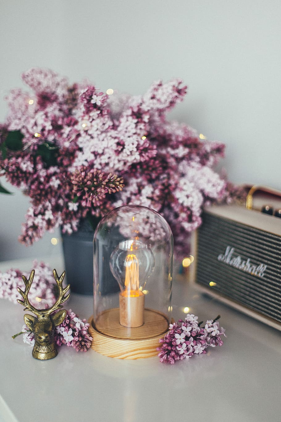 pink and purple flowers beside brown Marshall guitar head amplifier, brown wooden based clear glass dome table lamp on white table HD wallpaper