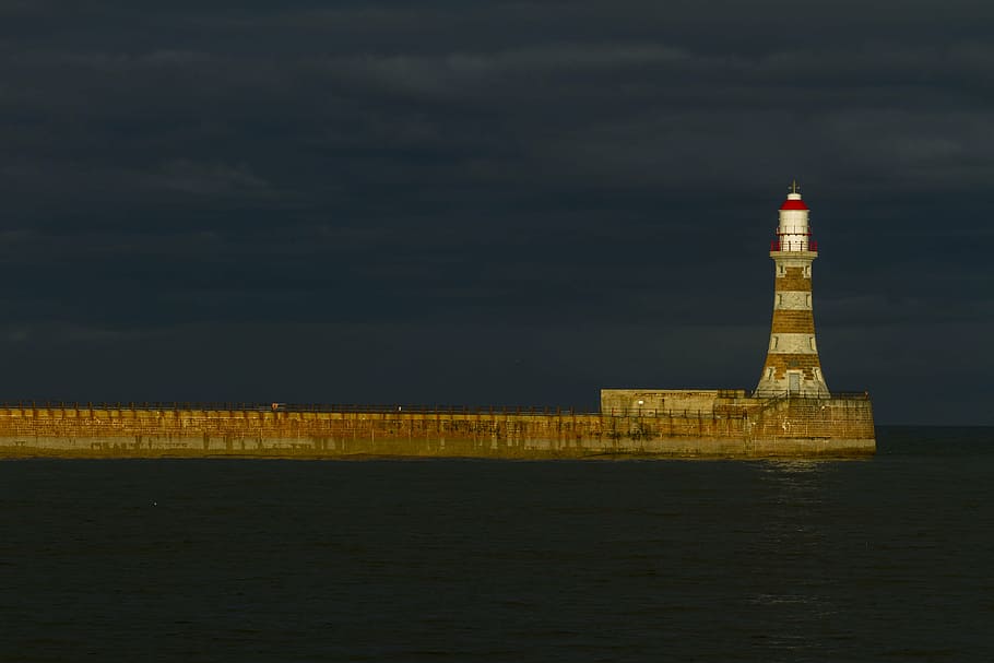 white and red lighthouse near body of water, ocean, sea, coast HD wallpaper