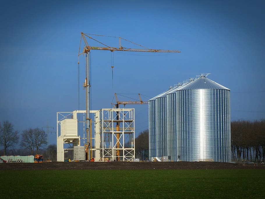 site, silo, new building, crane, baukran, work, construction work HD wallpaper