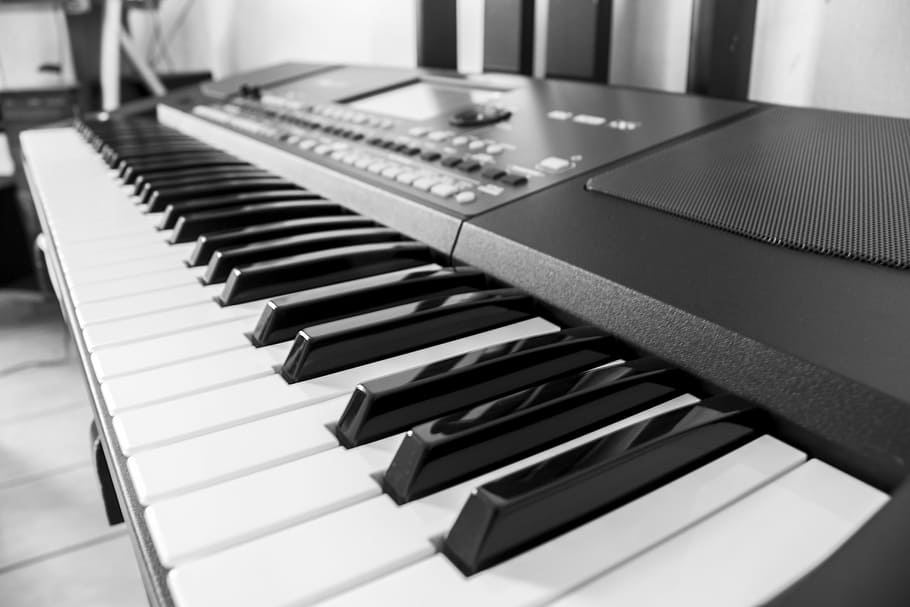 keyboard, arranger, music, black and white, instrument, piano, HD wallpaper