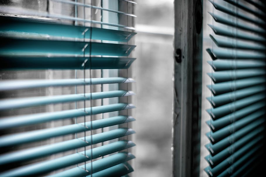 green window blinds, selective focus photography of blue window blinds HD wallpaper