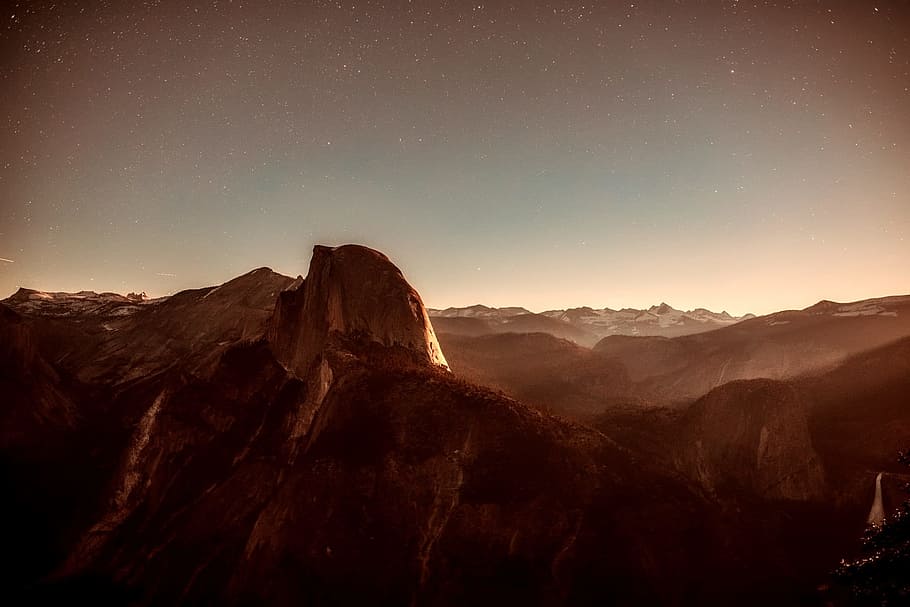 Mountains, Sunset, Dusk, Stars, Sky, clouds, silhouettes, peaks HD wallpaper