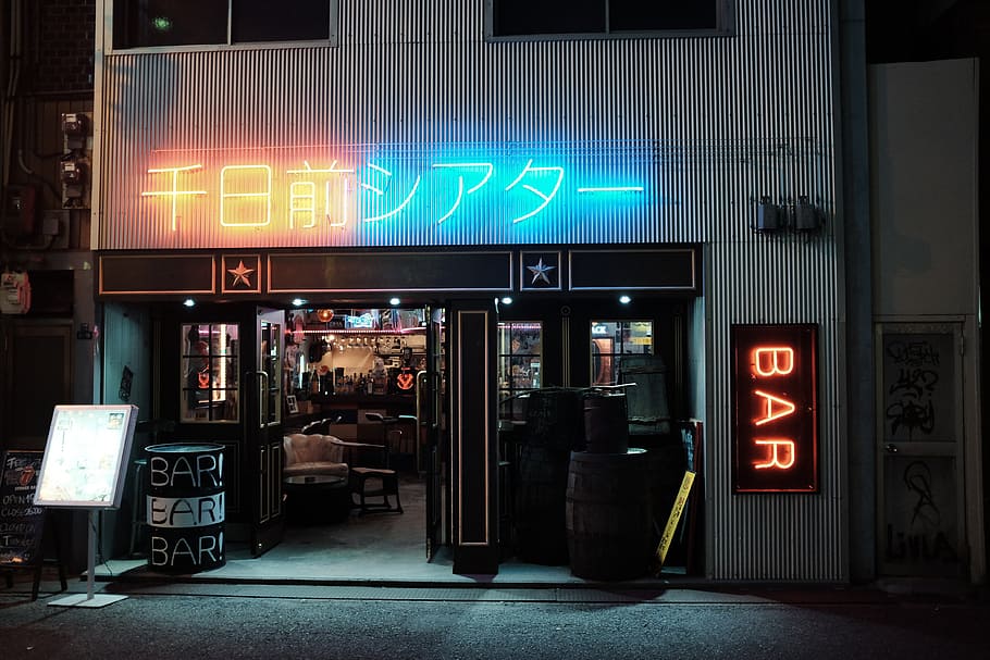 bar with neon light signage, thai, asia, chinese, lettering, font