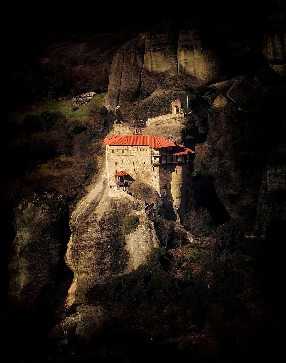 monastery, cliff, dark, mountain, europe, rock, tourism, landmark HD wallpaper