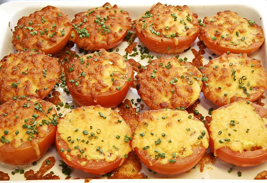 tomatoes, gratin, cheese, mozzarella, oven, garnish, baked HD wallpaper