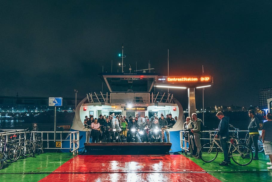 people inside a cruiser boat, white, blue, ship, nighttime HD wallpaper