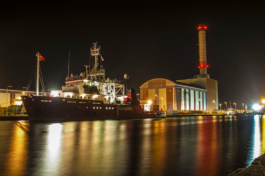 port, harbour, night, harbor, sea, water, blue, ship, travel HD wallpaper