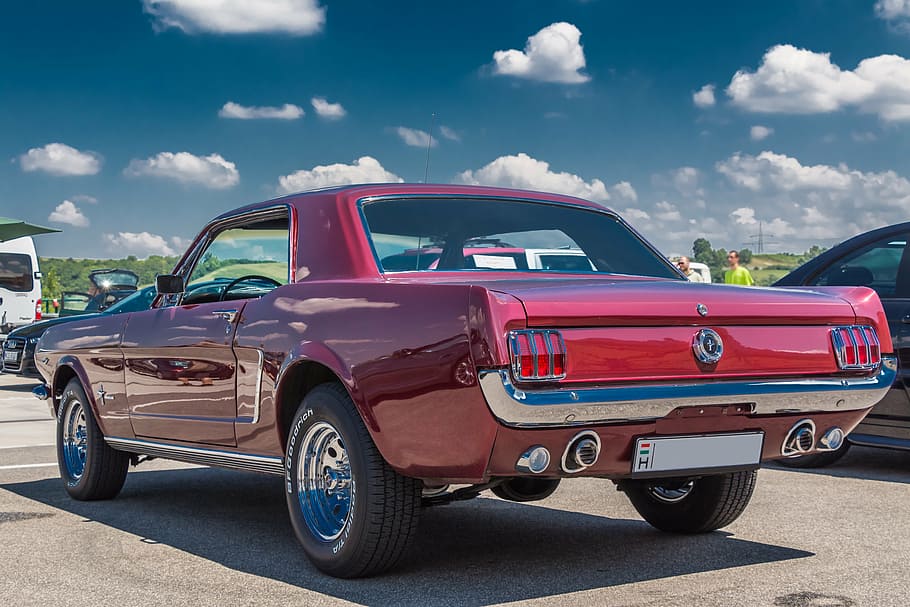 red coupe, car, mustang, ford, ford mustang, 1965, veteran, old timer