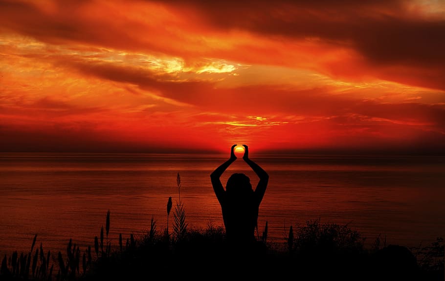 silhouette of person near body of water during sunset, woman, HD wallpaper