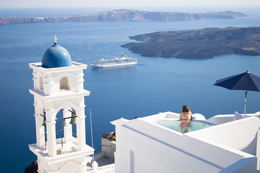 Santorini, Greece, person on balcony looking at body of water during daytime, HD wallpaper