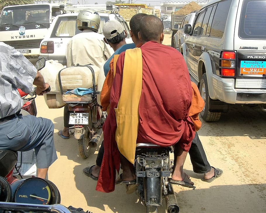 transport, moped, monk, traffic jam, laos, transportation, rear view