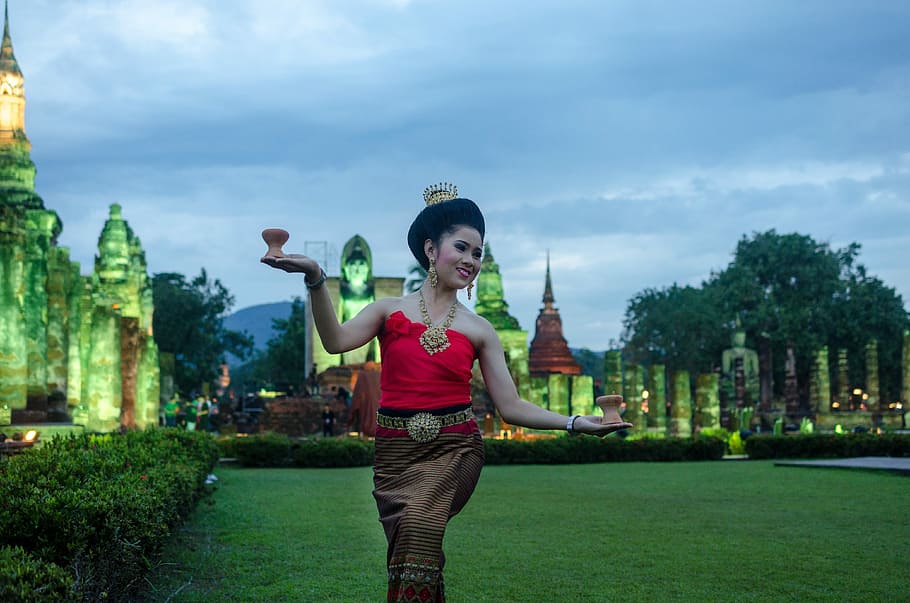 Thailand, Buddha, Happiness, Waman, traditional, dance, tree, HD wallpaper