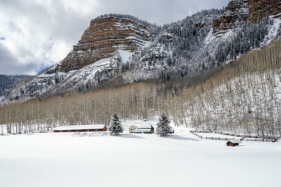 landscape photography of mountains, snow capped house near mountain HD wallpaper