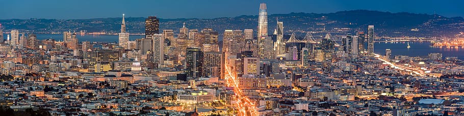 landscape photo of city buildings with lights, aerial photo of mid-rise and high-rise buildings HD wallpaper