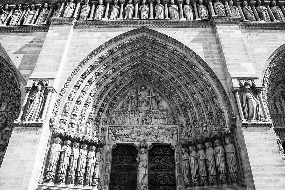 texture, paris, notre-dame, cathedral, france, church, black and white HD wallpaper