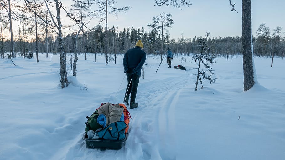 man in blue coat walking on snow pulling grey wagon with luggages near trees during daytime, man walking on snow covered road HD wallpaper