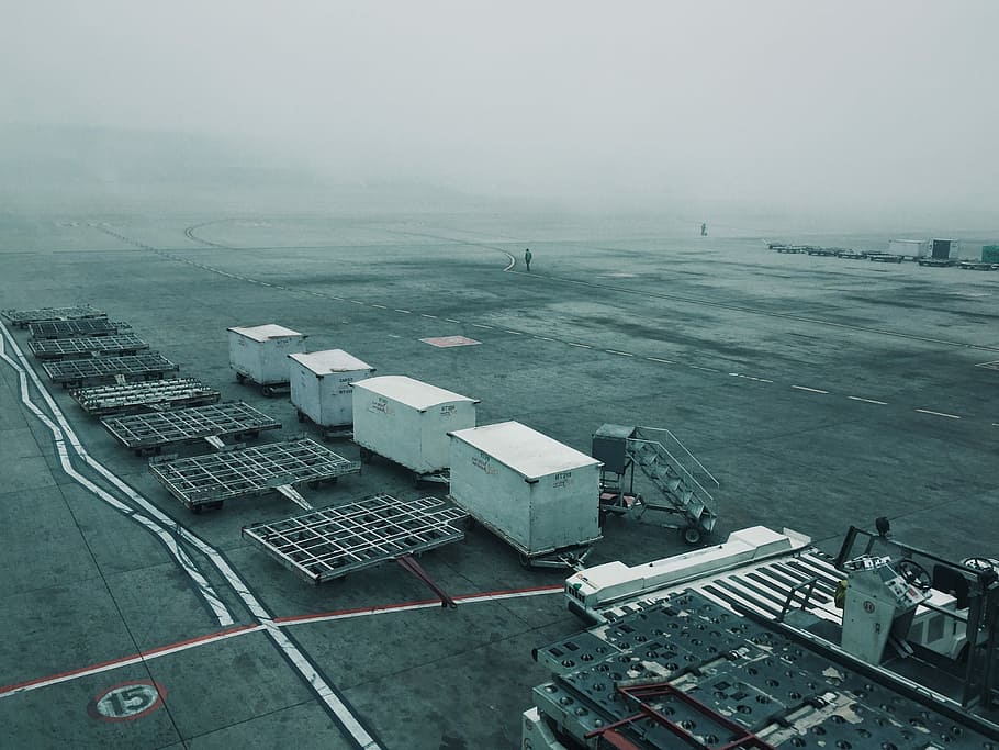 Foggy Airport, aerial view photography of four white dry van trailers, HD wallpaper