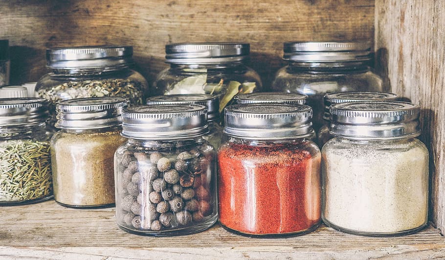 clear glass jars, spices, shelf, kitchen, cooking, wooden, pepper, HD wallpaper