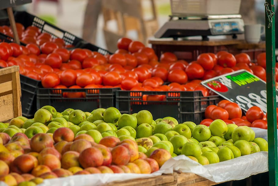 vegetables, fruit, market, sale, power, apple, tomato, red apple HD wallpaper