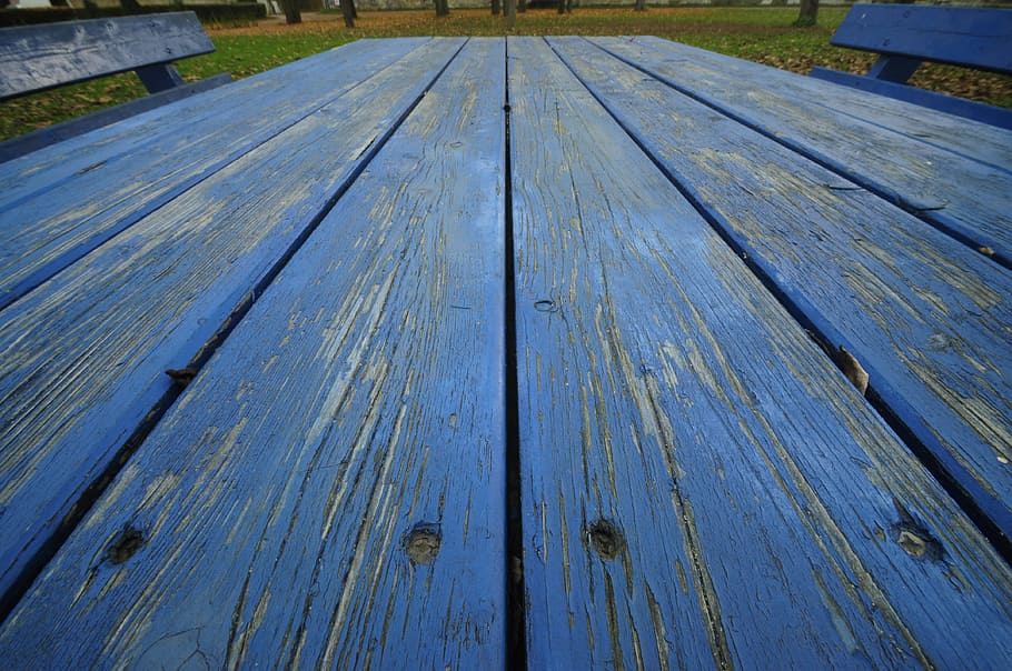 closeup photo of blue wooden bench, table, old, cracked, garden