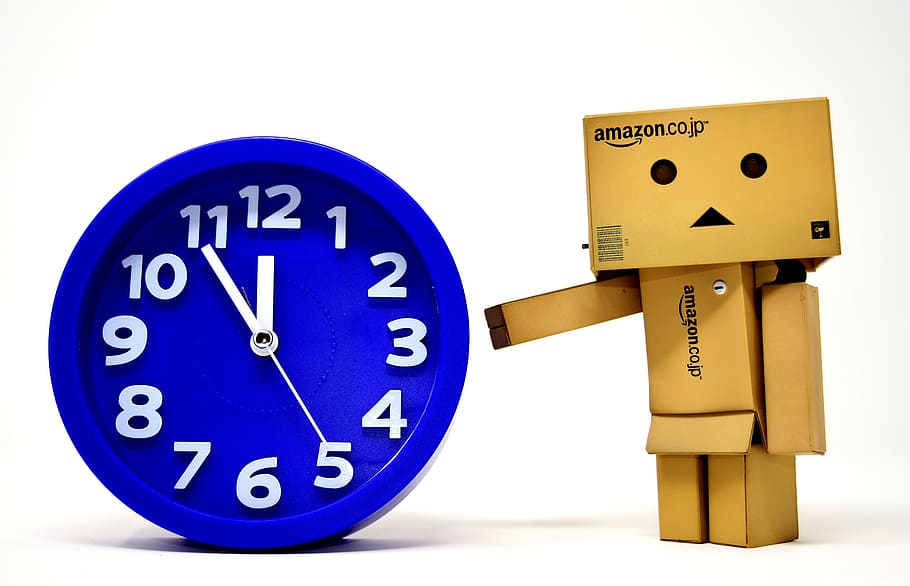 Amazon Danbo standing beside analog clock time at 11:55, the eleventh hour