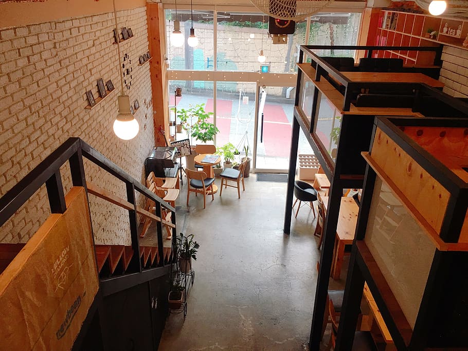 cafe, coffee, interior, design, stair, indoors, seat, no people HD wallpaper