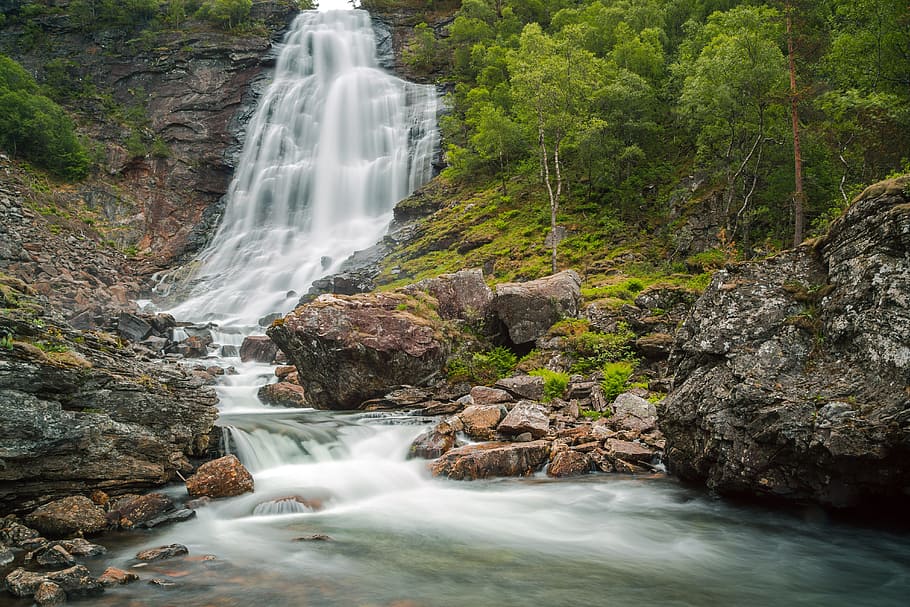 waterfalls between green trees, waters, river, nature, norway HD wallpaper