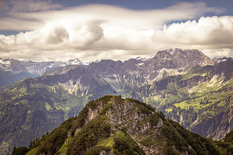 mountain range with clouds, alpine, iseler, oberjoch, allgäu HD wallpaper