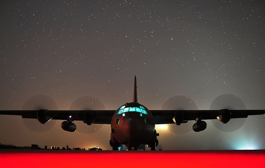 photo black Airplane taking off, c-130j hercules, night, evening