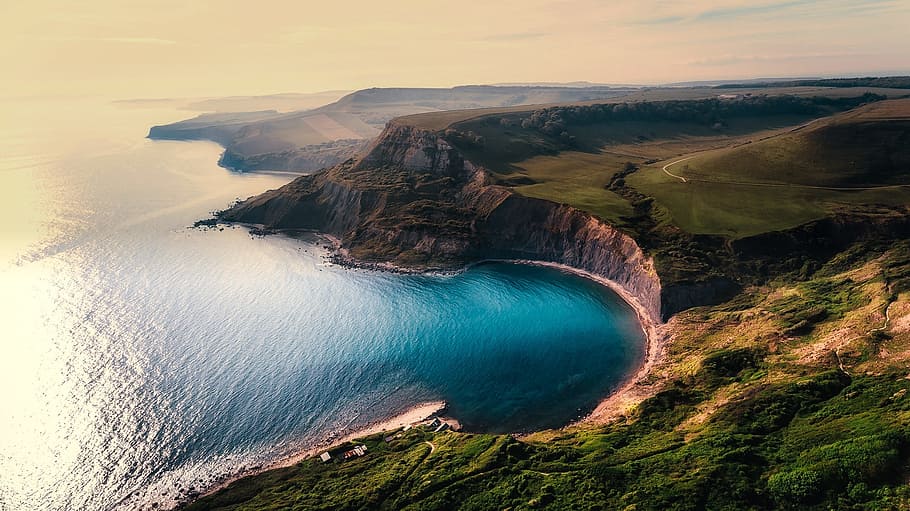 sea, landscape, mountains, nature, aerial view, beach, beautiful HD wallpaper