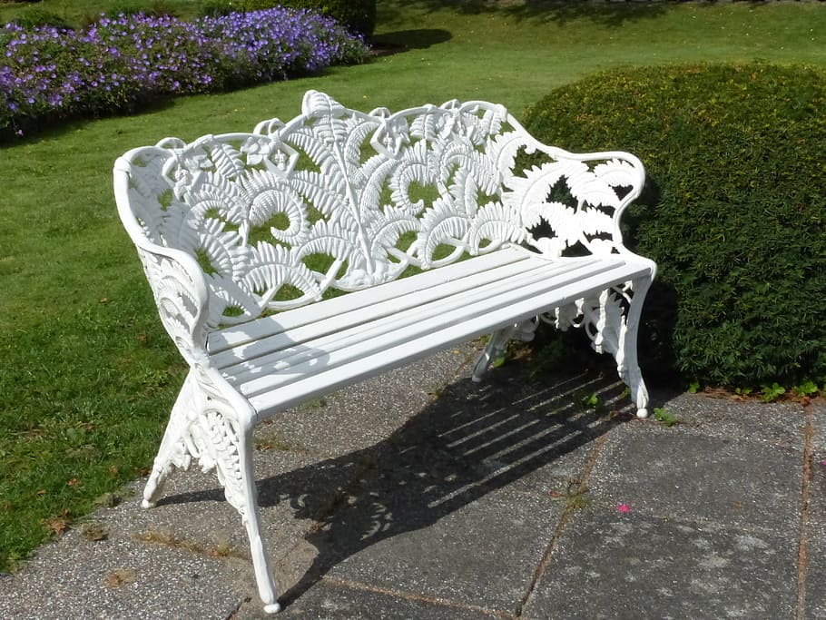 sofa, garden, white, grass, summer, seat, plant, park, nature HD wallpaper