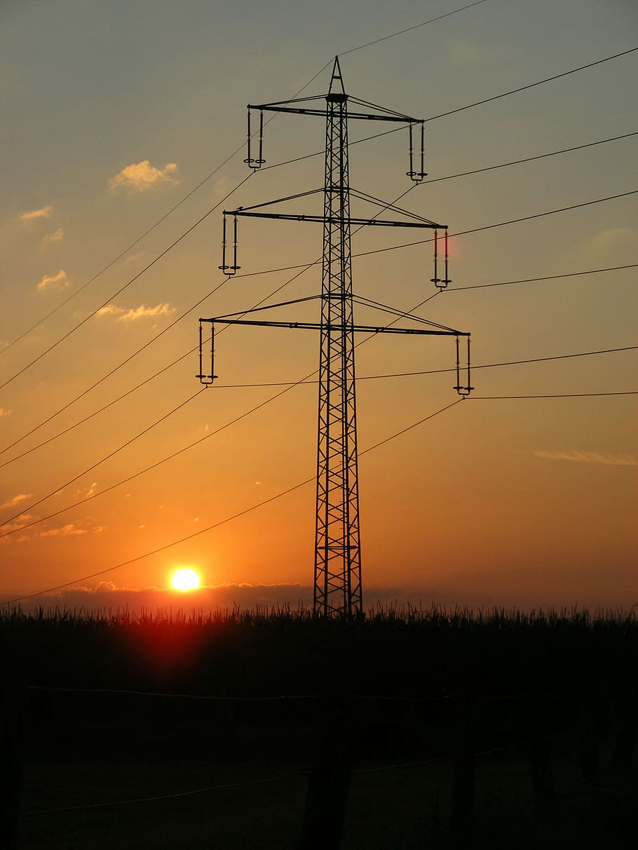 sunset, sky, strommast, field, evening, landscape, abendstimmung HD wallpaper