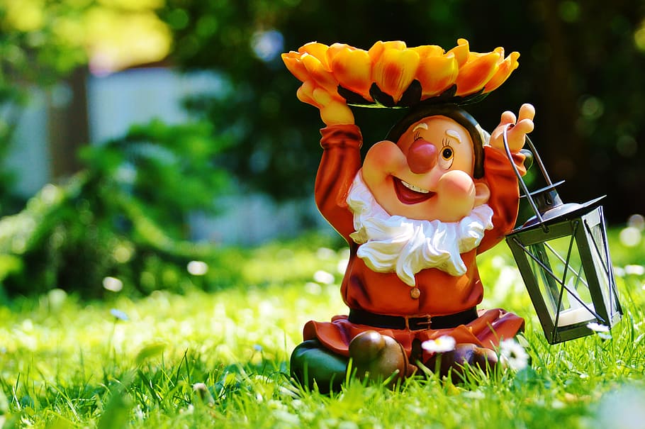 Dwarf figurine on grass field, Garden Gnome, Lantern, Sweet, cute, HD wallpaper