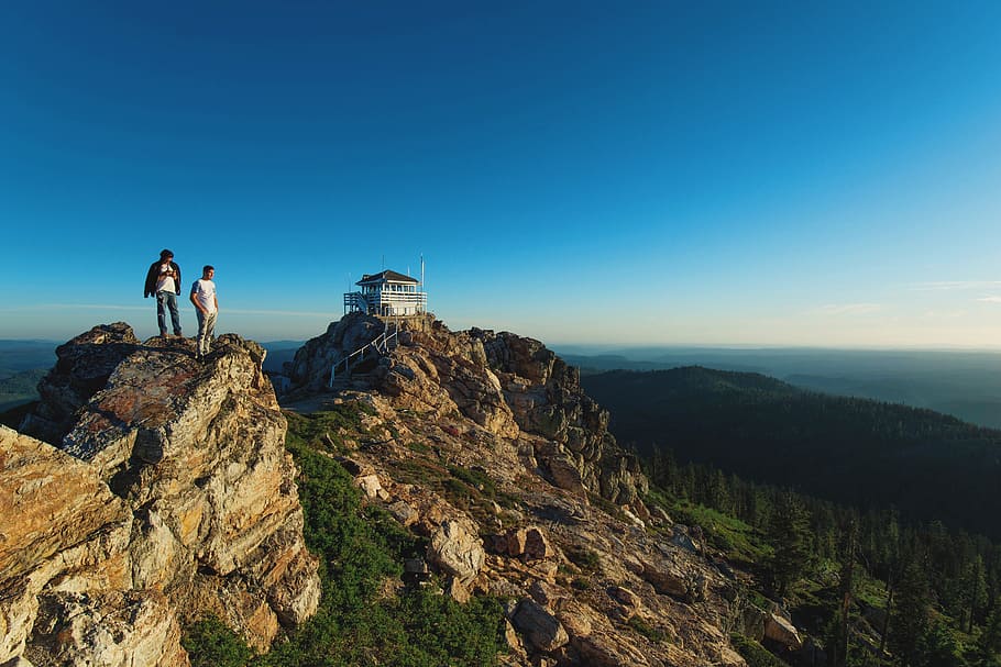 two persons standing on mountain near cliff, landscape, mountains HD wallpaper