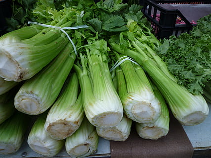bunch of vegetables on brown surface, celery, boxes, market HD wallpaper