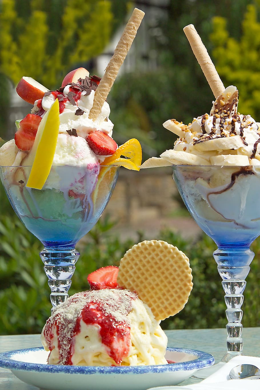 two ice cream scoops, ice cream sundae, sweet dish, waffle, dessert