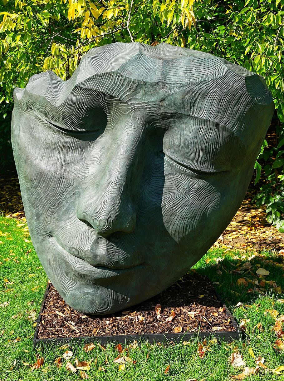 the face, sculpture, bronze, kew gardens, london, art, grass