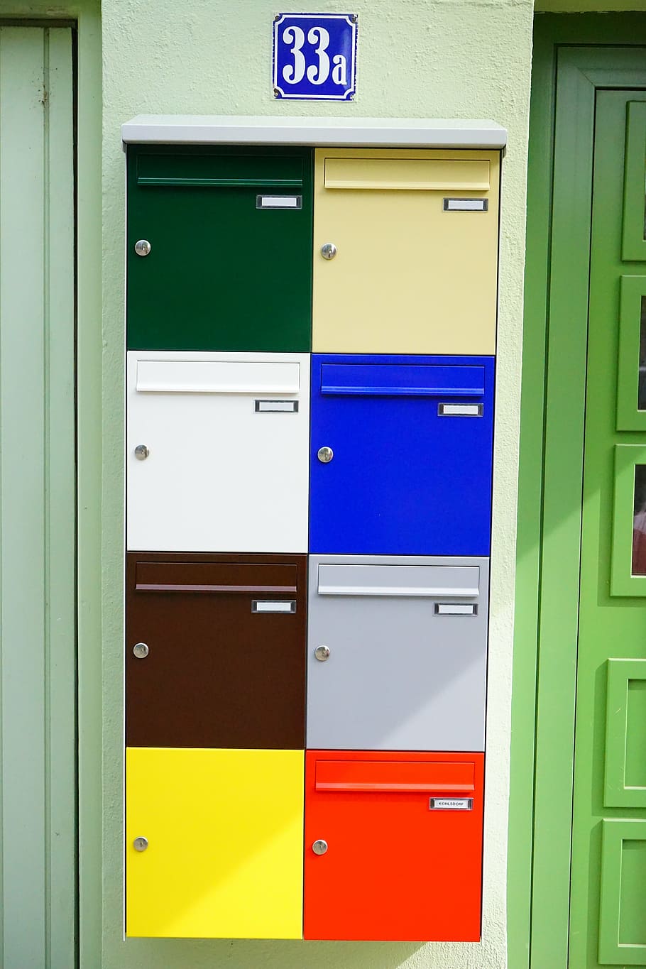 letter boxes, colorful, post, house number, yellow, red, blue