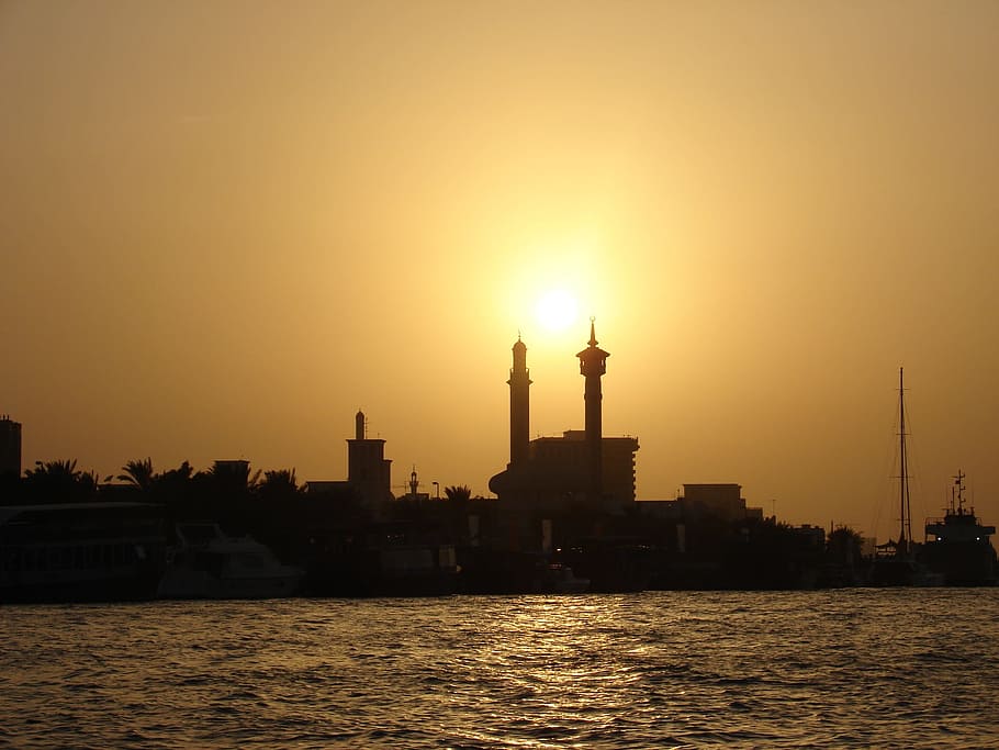 Dubai, Sunset, Orient, Building, Minaret, sea, water, silhouette, HD wallpaper