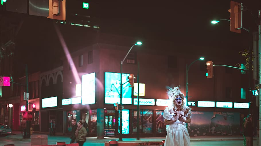 city, people, woman, lights, adults, architecture, bride, building HD wallpaper
