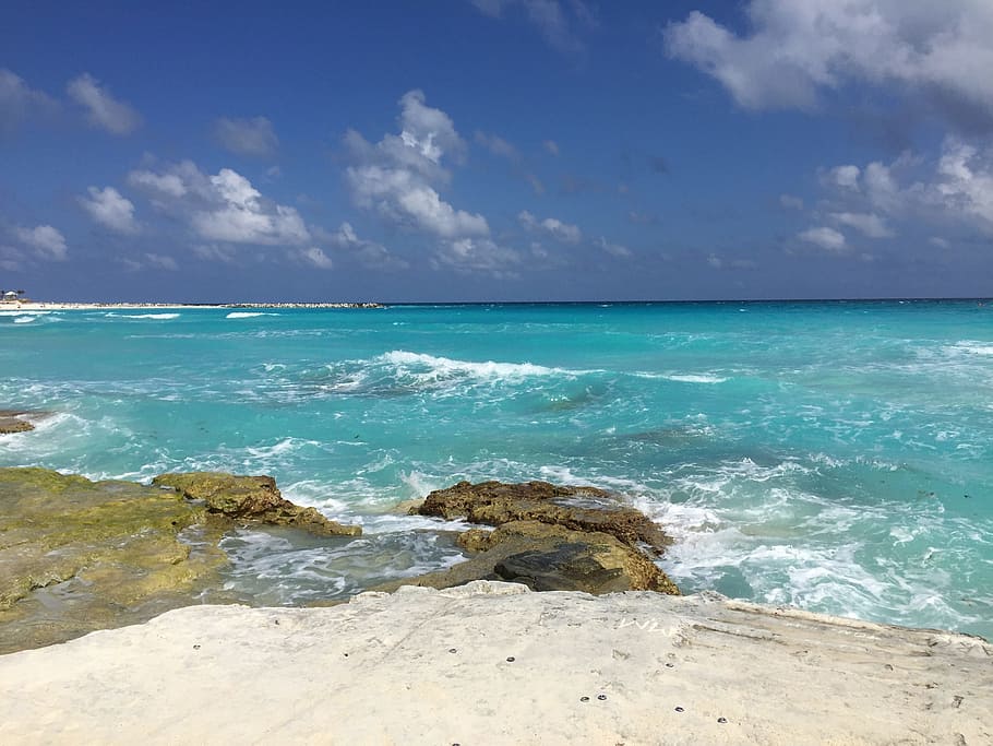 gray stones near ocean at daytime, Cancun, Beach, Mexico, sea HD wallpaper
