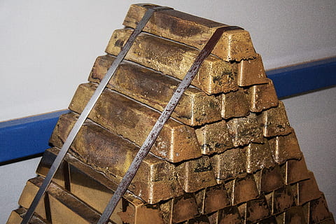 gold bars, brass, block stack, shiny, special cast brass, pyramid HD wallpaper